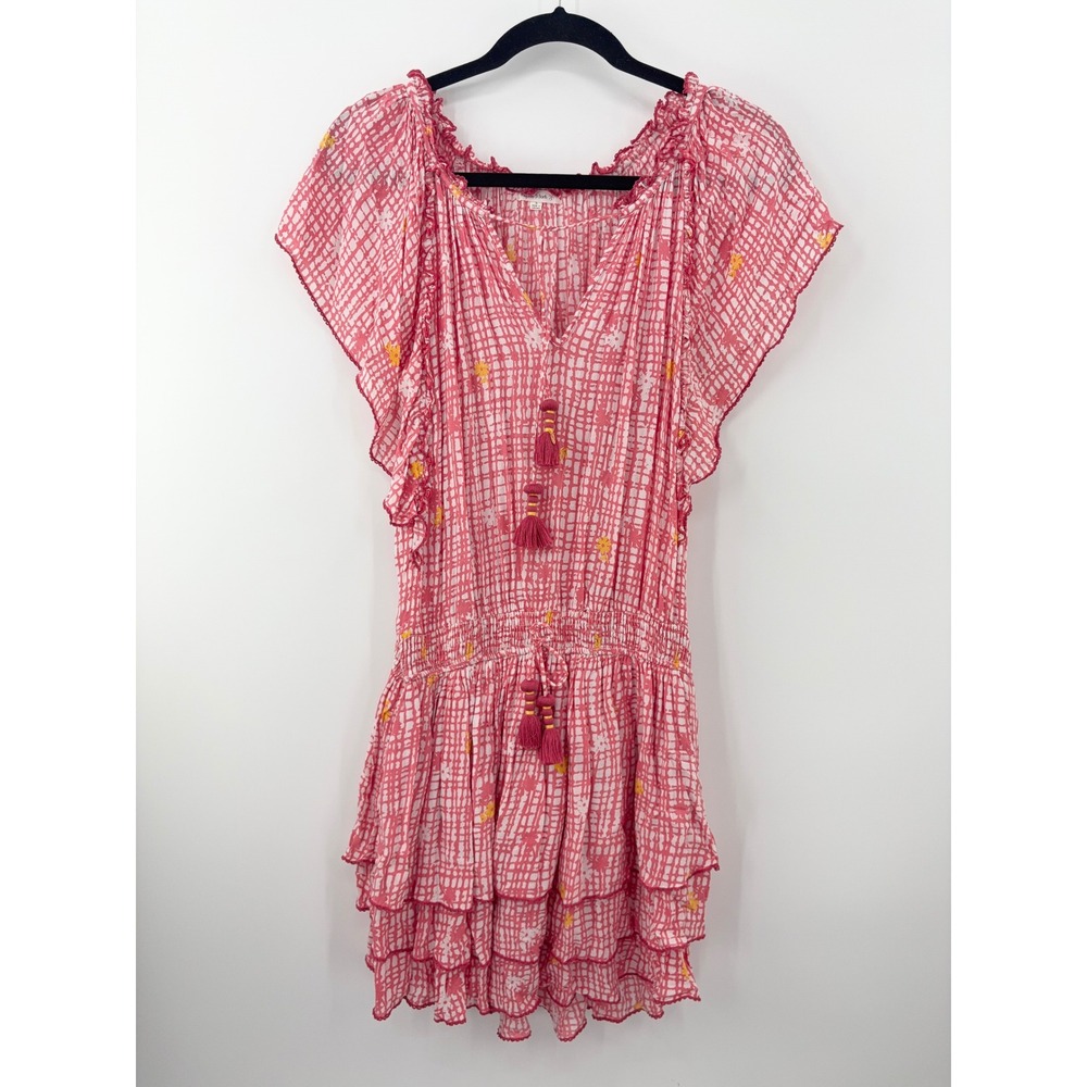 B11 Poupette St Barth Mini Dress S Pink Abstract Floral Ruffle Tassel Summer